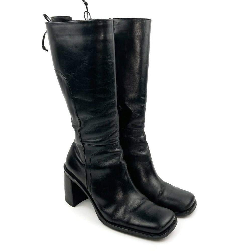 Vtg DIBA Women's Black Leather Tall 90's Y2K Chunky Block Heel Lace Up Boots 9